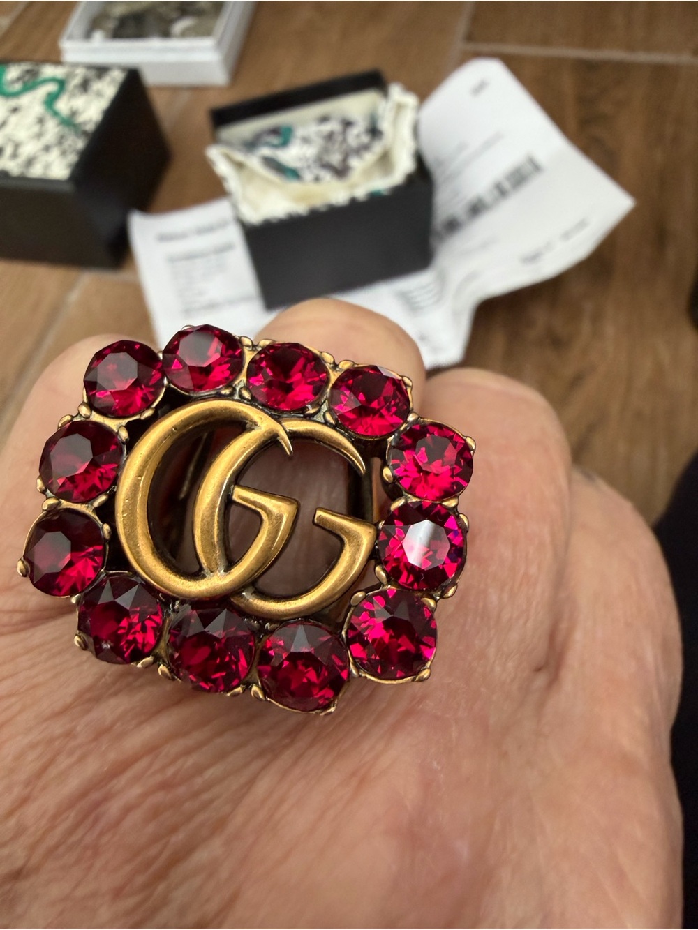 Gucci Gold Double G Ring with Red Crystals. NWT. Never worn. Size 7